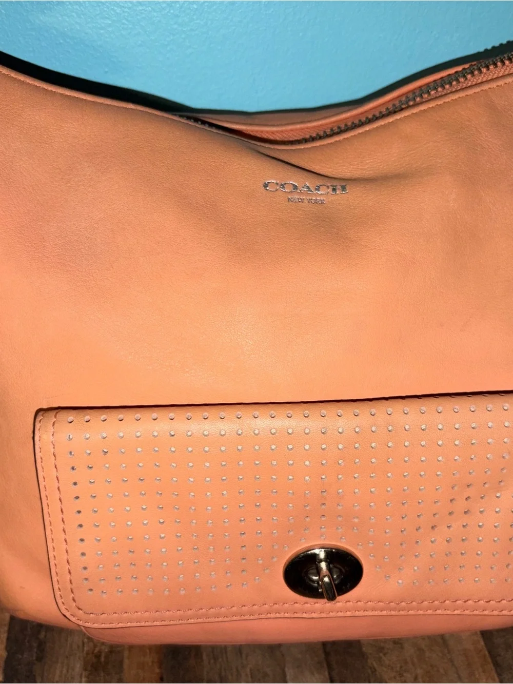 Coach Coral Leather Legacy Perforated Courtenay Bag with Tassel Accent